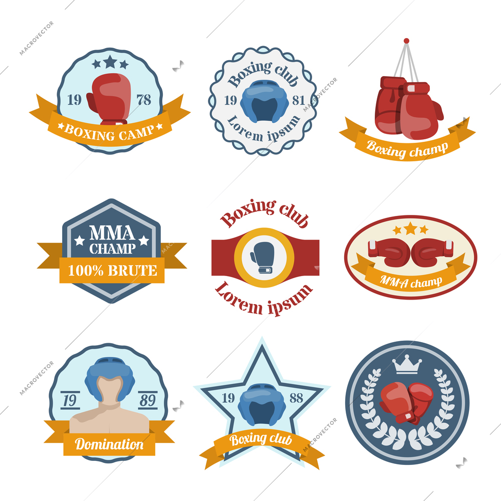 Box fight sport camp club championship emblems set isolated vector illustration