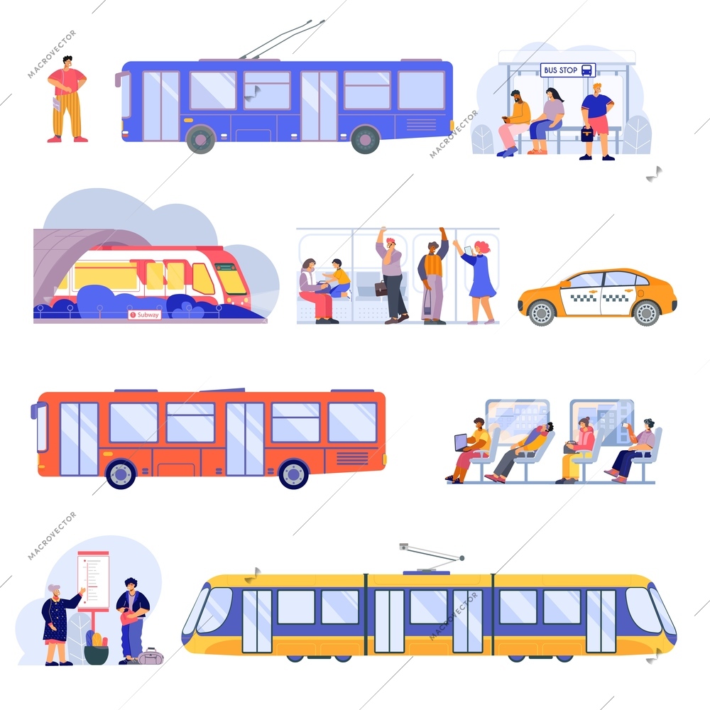 Public transport bus trolleybus underground subway trains interior passengers waiting tram taxi flat icons set vector illustration