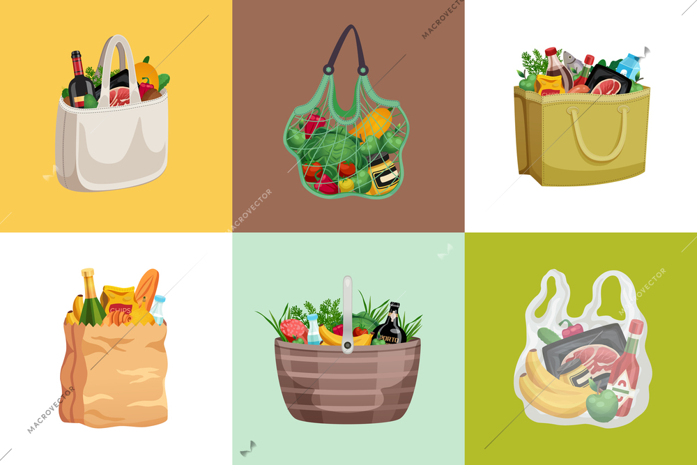 Shopping bag design concept with set of square compositions with paper net bags filled with products vector illustration