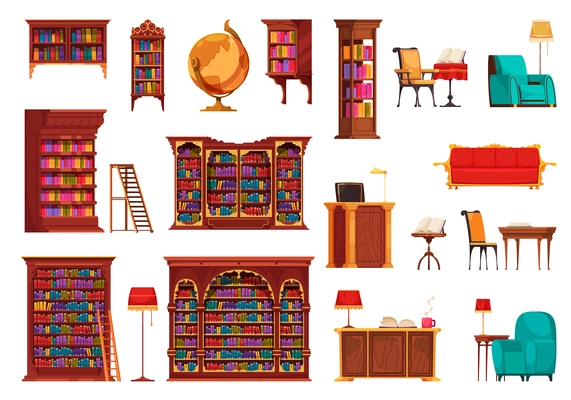 Old library furniture set of isolated icons with pieces of vintage furniture and wooden cabinet racks vector illustration