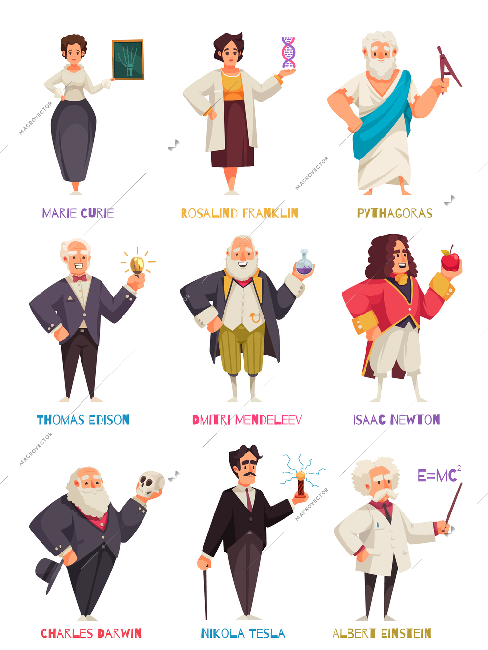 Set of isolated doodle style human characters of world famous scientists from different centuries with text vector illustration