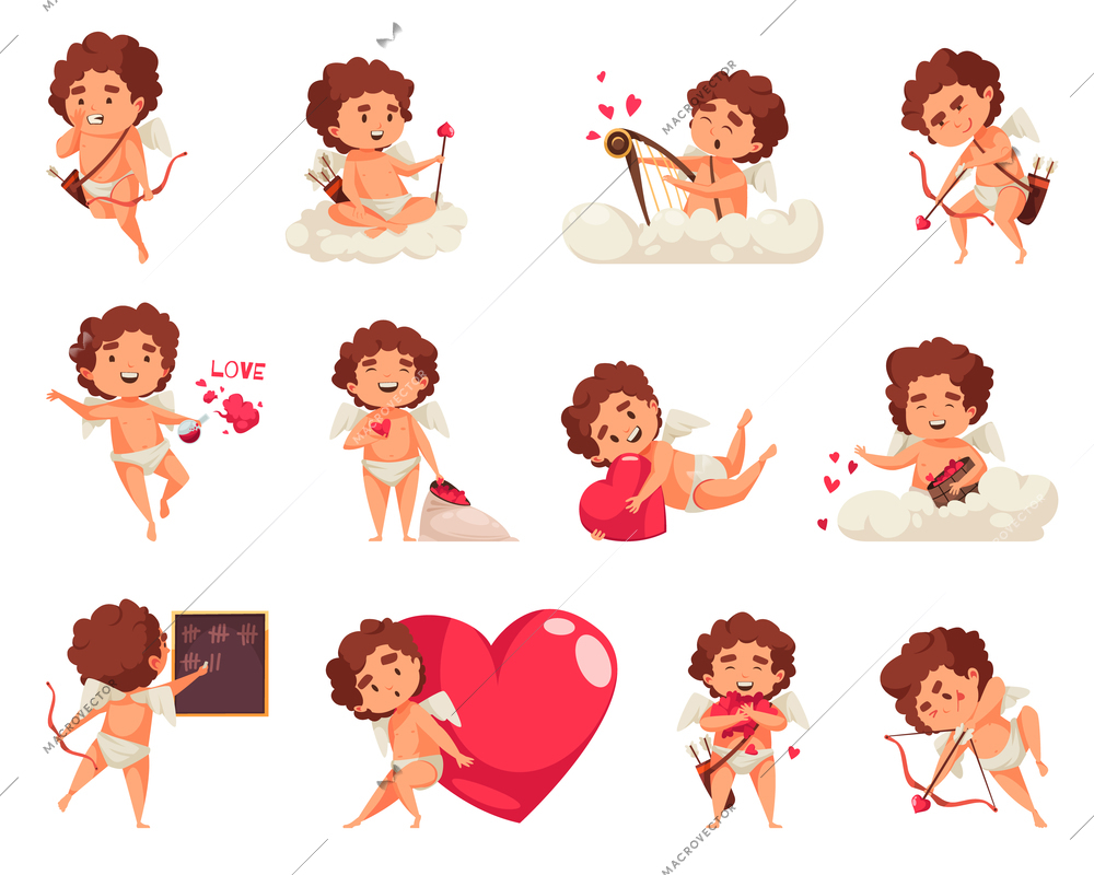 Amur cupid valentine day set of isolated characters of amorette doodle bow boy with heart icons vector illustration