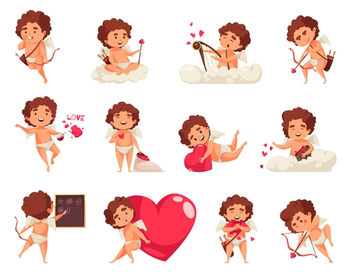 Amur cupid valentine day set of isolated characters of amorette doodle bow boy with heart icons vector illustration