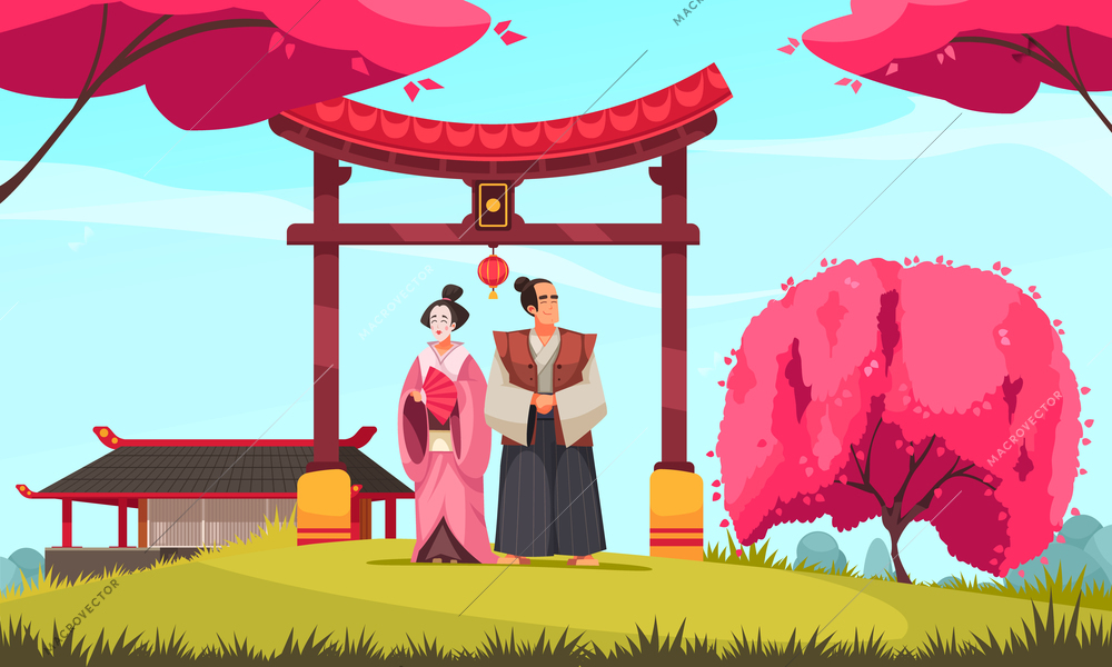 Japanese traditional composition with outdoor scenery and couple in ancient costumes with gate and blossomed sakura vector illustration