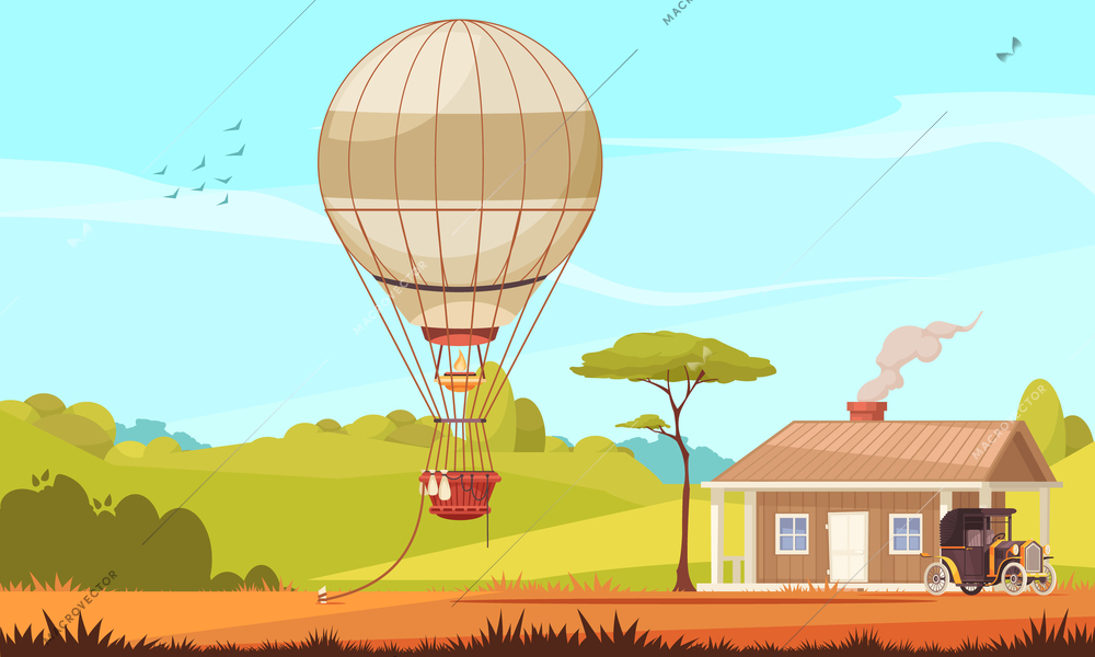 Vintage transport composition with outdoor scenery house with car and aerostat air balloon tied to ground vector illustration