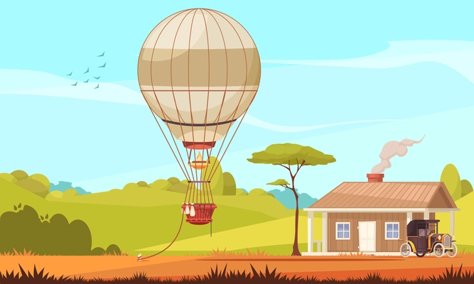 Vintage transport composition with outdoor scenery house with car and aerostat air balloon tied to ground vector illustration