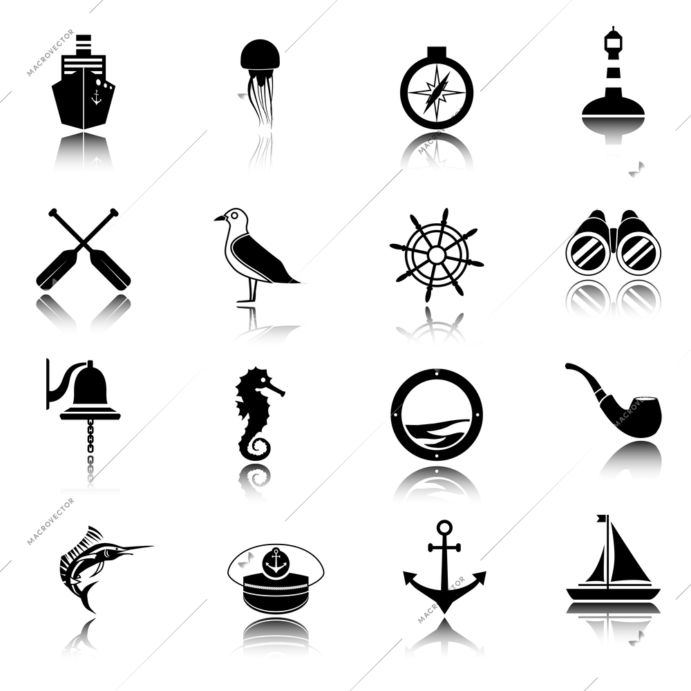 Nautical sea travel black icons set with ship compass lighthouse isolated vector illustration