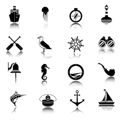 Nautical sea travel black icons set with ship compass lighthouse isolated vector illustration