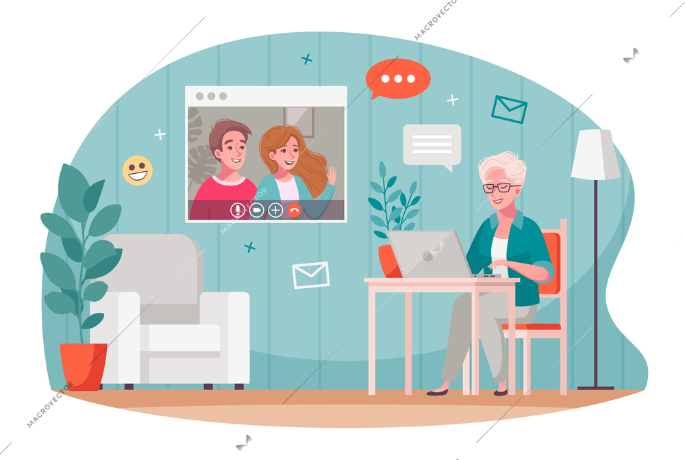 Elderly people video communication flat cartoon composition with old woman chatting with children using laptop vector illustration