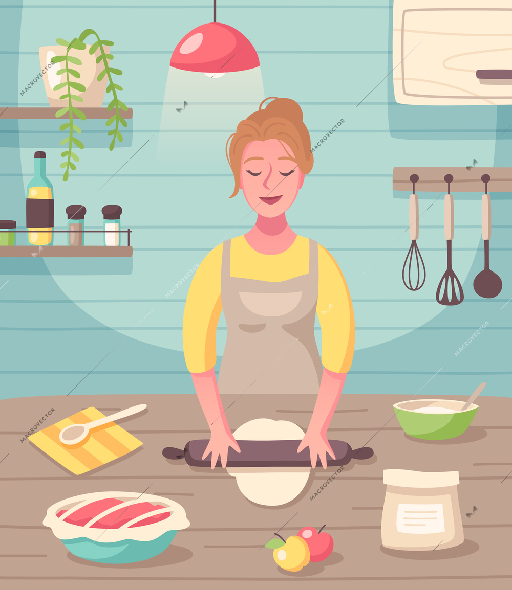 Cooking baking hobby flat cartoon composition with woman creating homemade sweets and treats desserts vector illustration