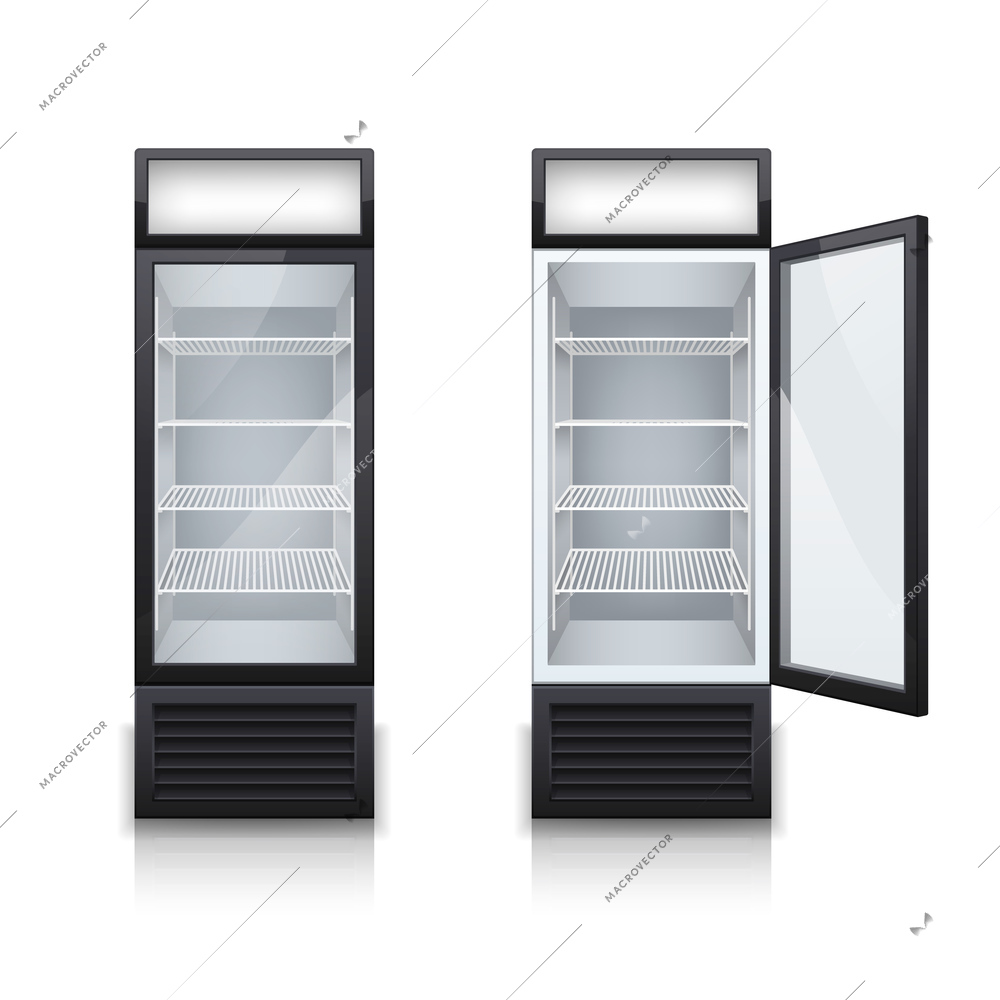 Two commercial bar drink fridges with one display door open and closed realistic set isolated vector illustration