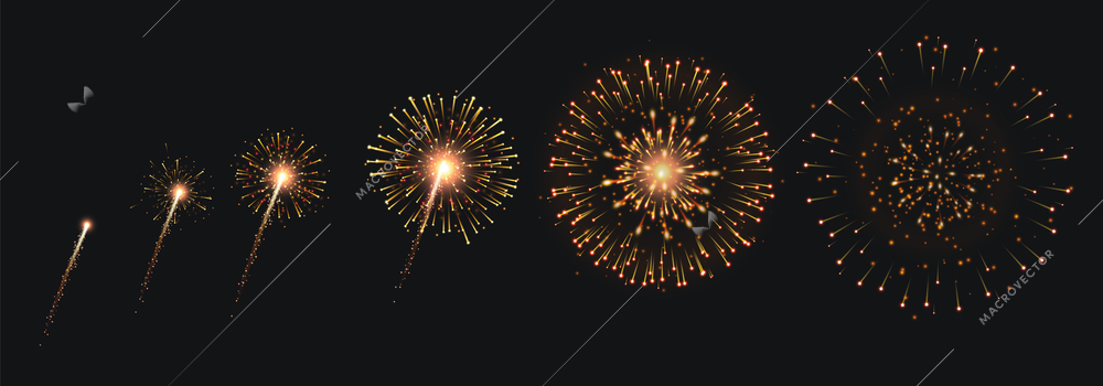 Pyrotechnics and fireworks set with animation on black background realistic isolated vector illustration