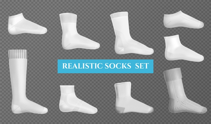 Gray and white sock realistic layouts of different types for sports and every day on transparent background isolated vector illustration