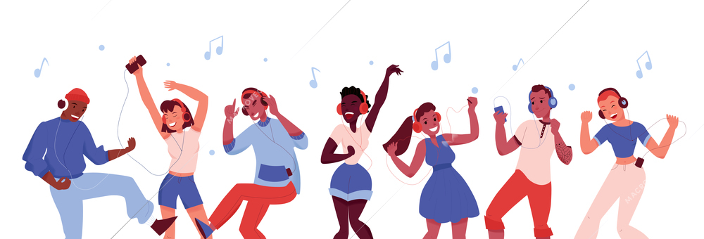 Jolly boys and girls with smartphones wearing headphones dancing together flat vector illustration