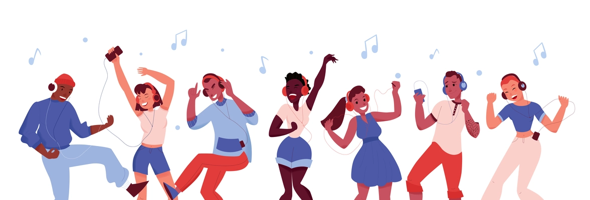 Jolly boys and girls with smartphones wearing headphones dancing together flat vector illustration