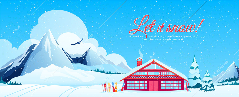 Ski resort poster with winter tourism symbols flat  vector illustration