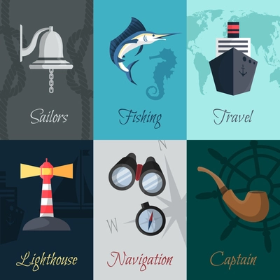 Nautical sea travel mini posters sailors fishing travel set isolated vector illustration
