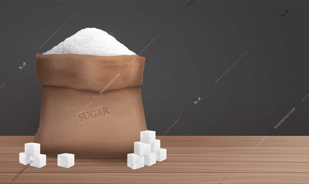 White sugar in sack background with piles and cubes realistic vector illustration