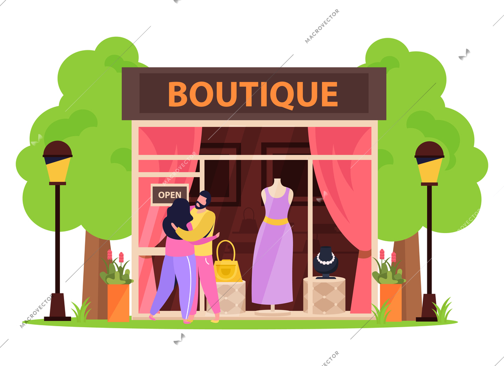 Hug day flat composition with outdoor scenery and storefront of clothes boutique with lovers couple characters vector illustration