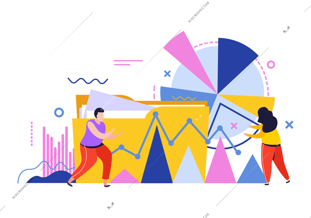 Data analysis flat composition with human characters in front of diagrams and linear charts circle graphs vector illustration