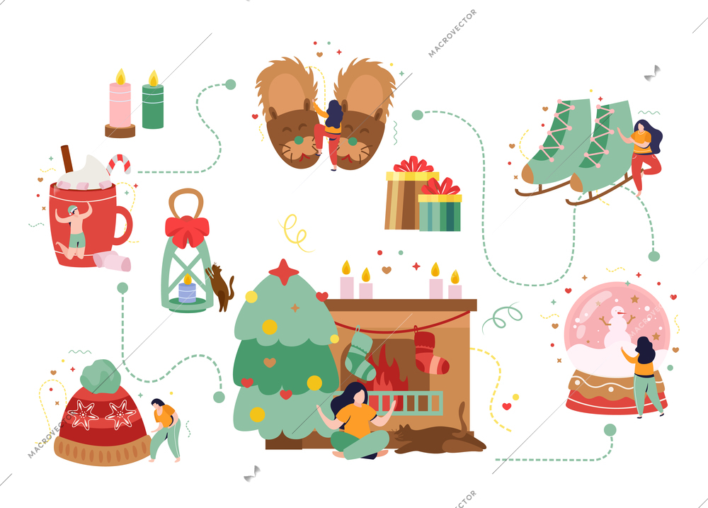 Happy winter flat composition with flowchart of isolated images with candles decorations warm clothes and sweets vector illustration