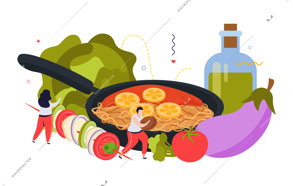 Vegan food composition with images of frying pan with vegetable slices cabbage olive oil and people vector illustration