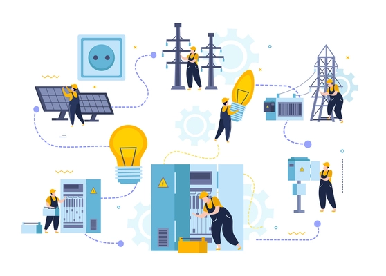 Electricity and lighting flat composition with characters of electrical fitters with power panels and infrastructure elements vector illustration