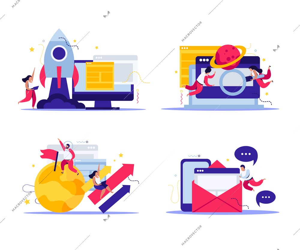 Startup flat set of four isolated compositions with flying people in zero gravity planets and rocket vector illustration