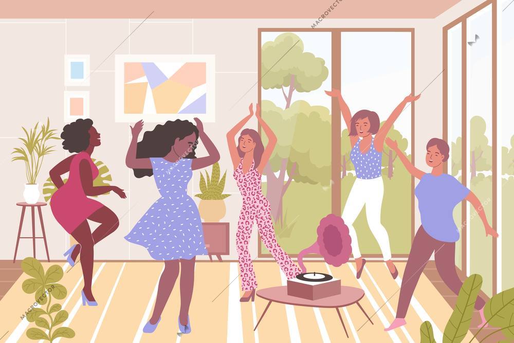 Cheerful women dancing to music flat vector illustration