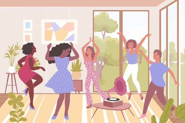 Cheerful women dancing to music flat vector illustration