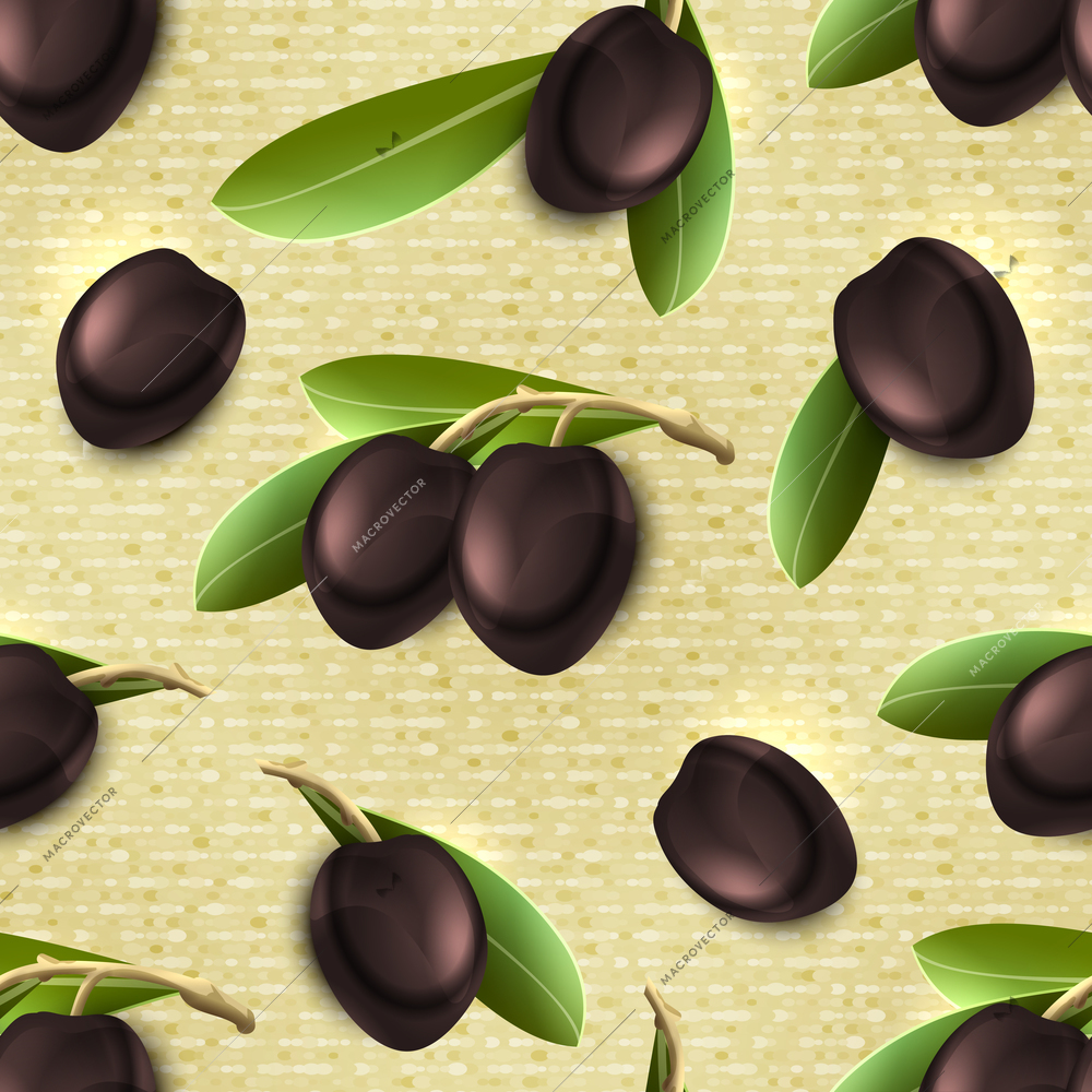 Black ripe fresh olives branches seamless pattern vector illustration