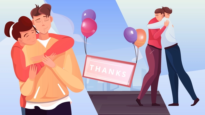 Thank you colorful background with two young embracing loving couples flat vector illustration