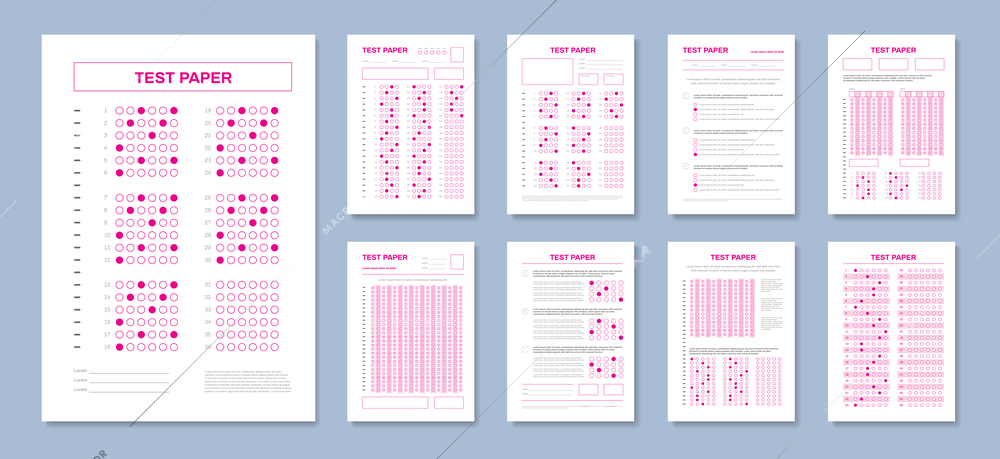 Realistic test paper answers set with red colored sheets of solved exam tests with correct marks vector illustration