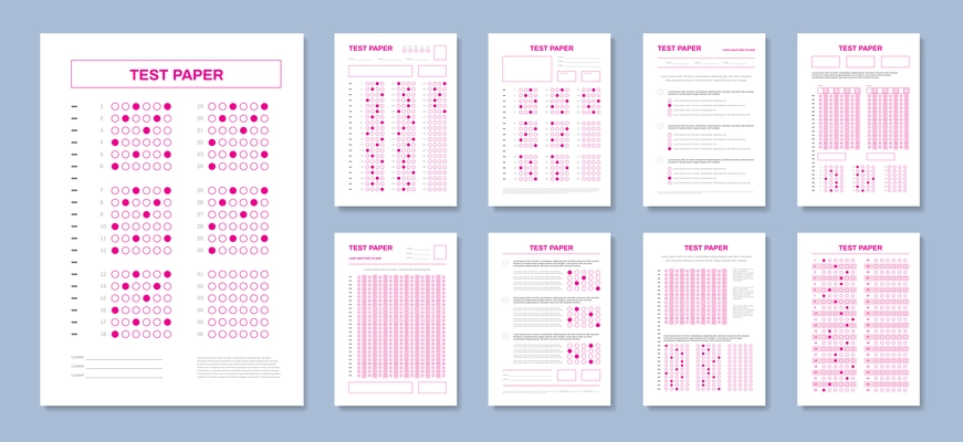 Realistic test paper answers set with red colored sheets of solved exam tests with correct marks vector illustration