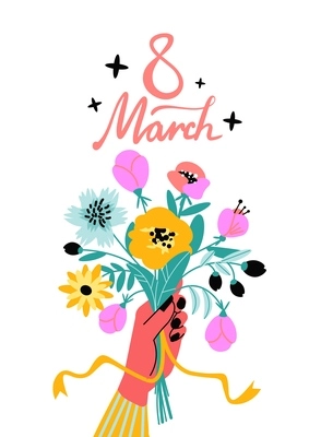 International womens day card a4 composition with bunch of flowers in hand with ribbon and text vector illustration
