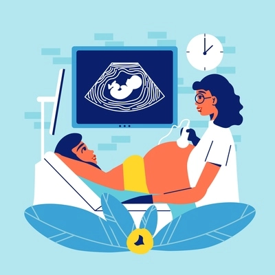 Pregnant motherhood ultrasound composition with view of doctor scanning pregnant woman with baby fetus on screen vector illustration
