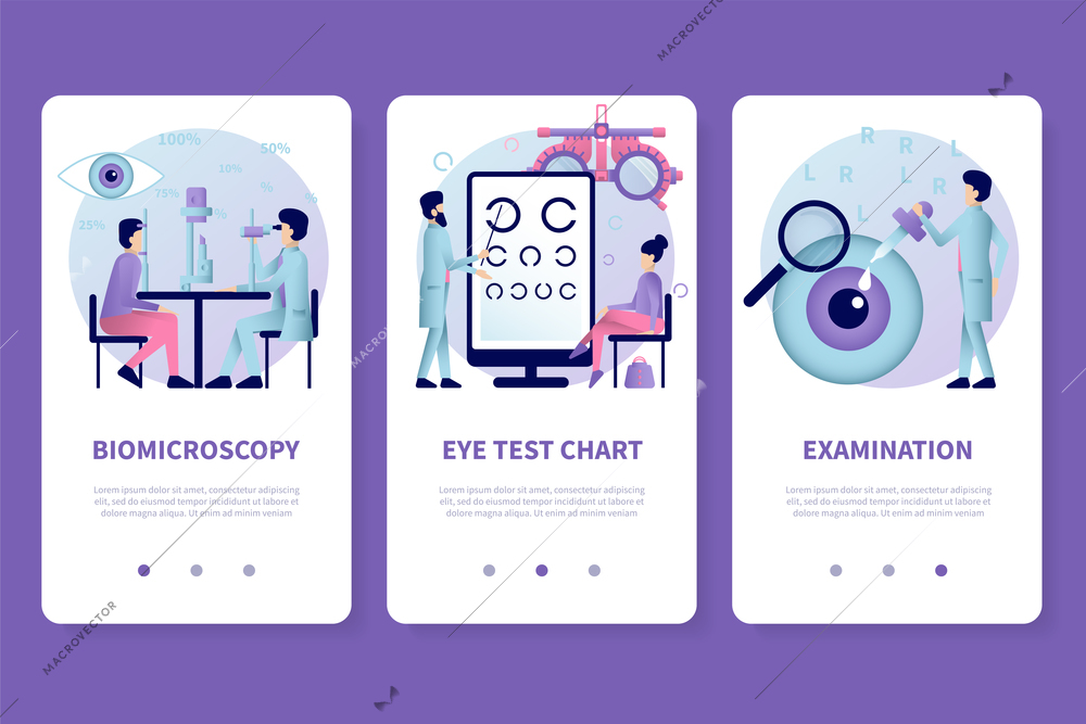 Ophthalmology flat app set of three vertical banners with page switch buttons text and doodle images vector illustration