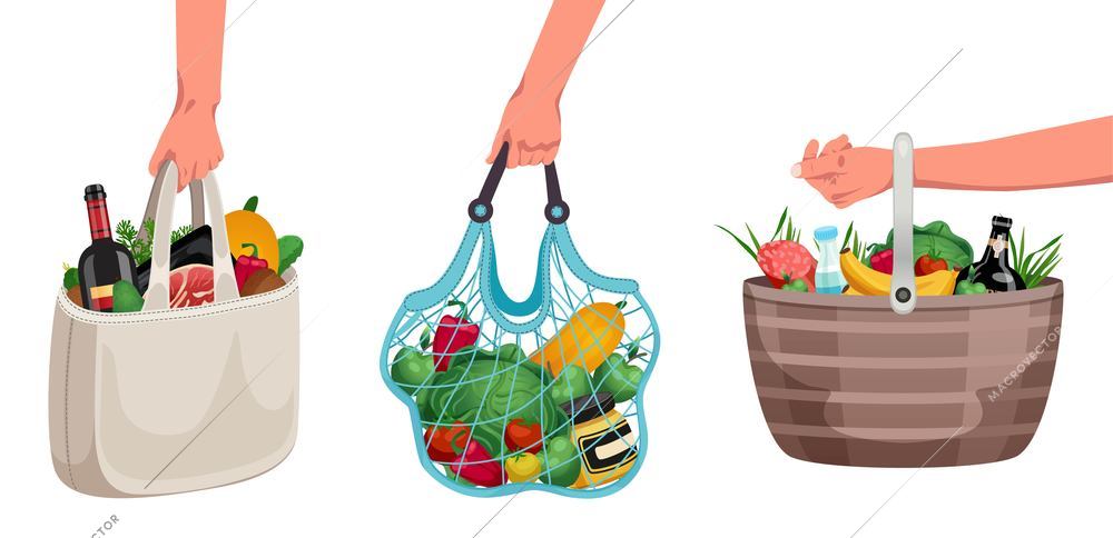 Shopping bag basket hand set of isolated icons human hands holding reusable bags filled with products vector illustration