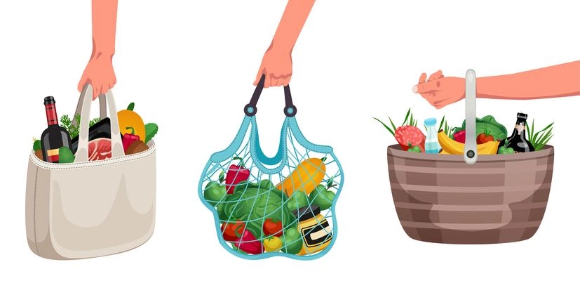 Shopping bag basket hand set of isolated icons human hands holding reusable bags filled with products vector illustration