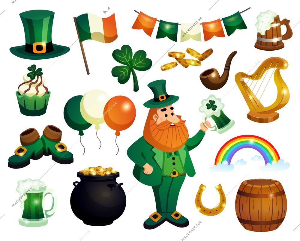 Saint patricks day set of isolated decorations icons of drinks irish national symbols and funny costume vector illustration