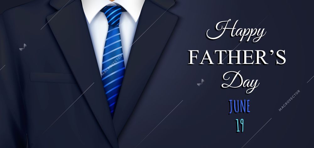 Fathers day suit realistic horizontal composition with editable ornate text with date and smart costume background vector illustration