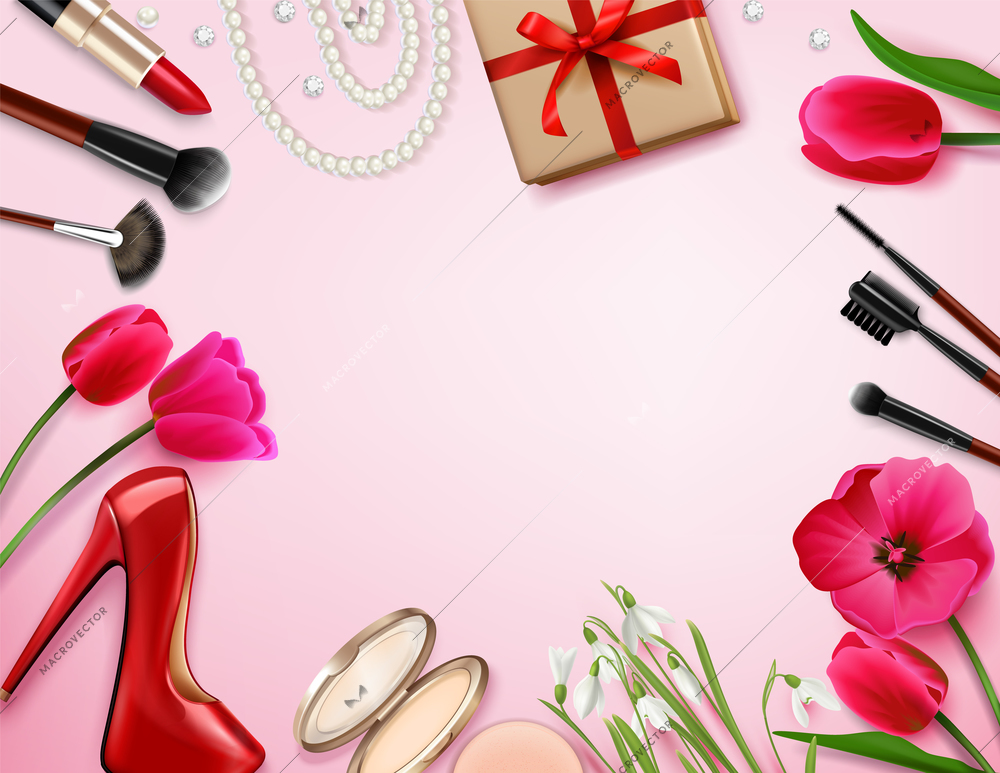 8 march womans day composition with empty pink space surrounded by flowers cosmetic products and gifts vector illustration