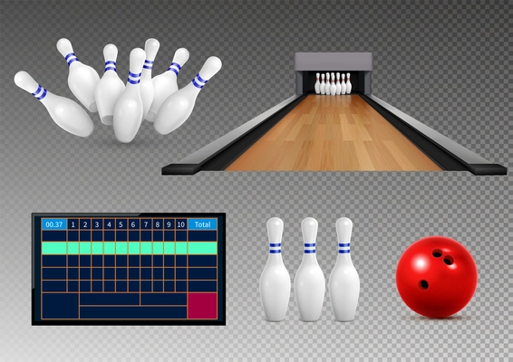 Bowling realistic set of isolated icons on transparent background with rating table pins and rolling ball vector illustration