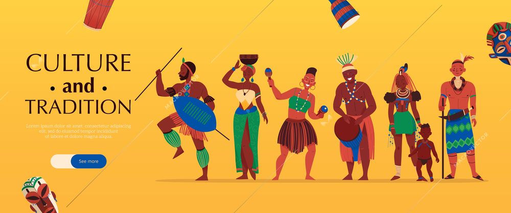 Africa horizontal banner with characters of african tribe members editable text and see more slider button vector illustration