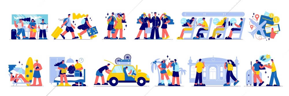 Travel vacation set of isolated icons with human characters of passengers with suitcases in various situations vector illustration