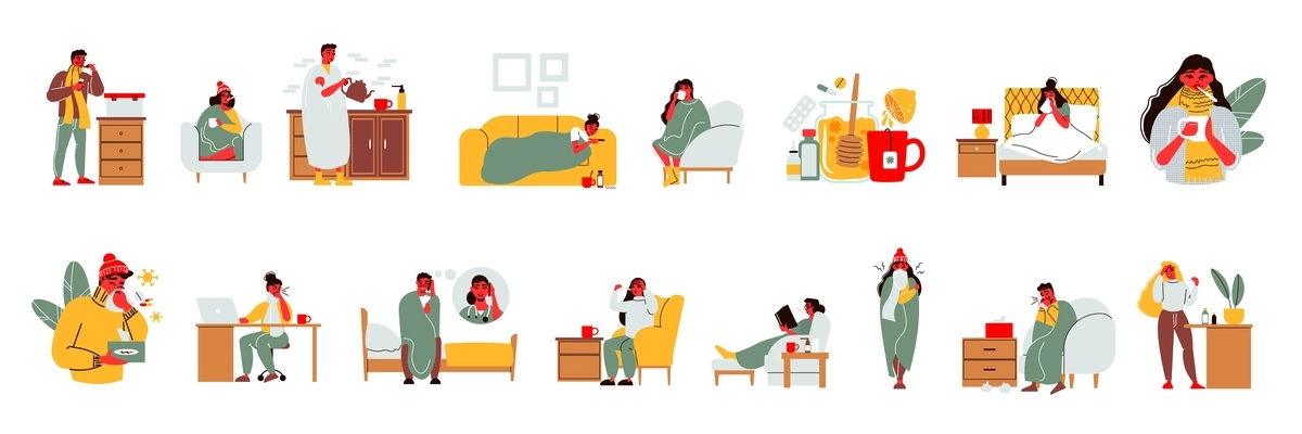 Flu set with isolated icons and human characters of sick people with common symptoms and medicine vector illustration