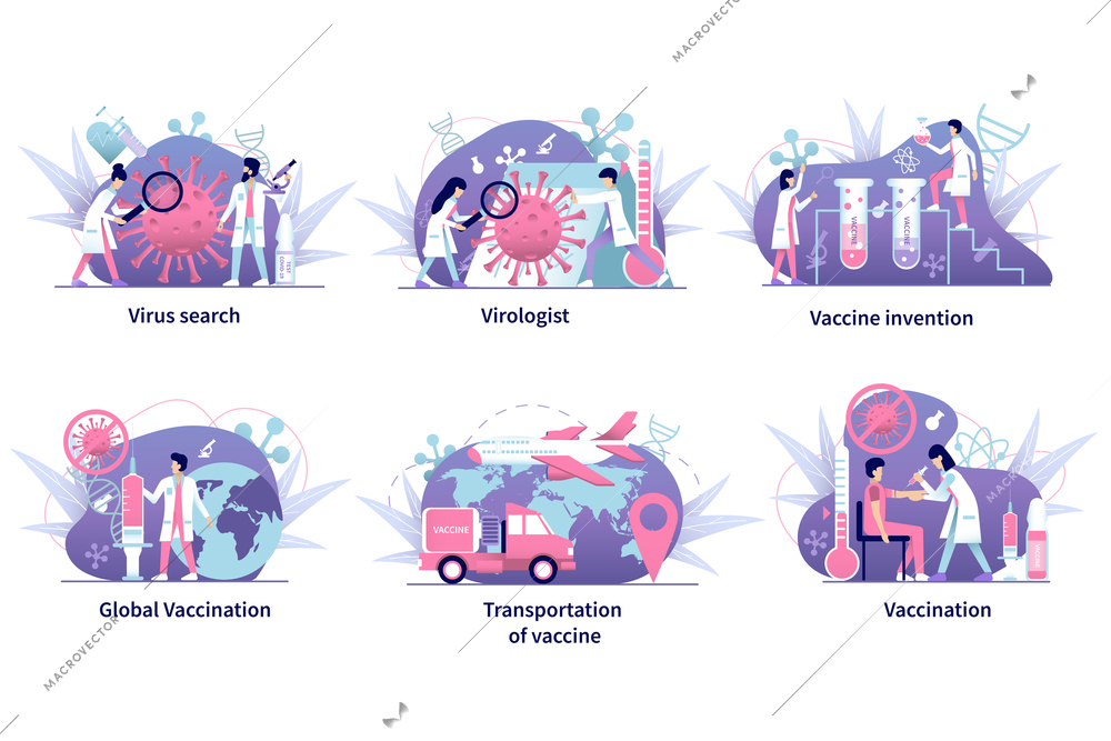 Invention and transportation of coronavirus vaccination flat set with medical elements isolated vector illustration