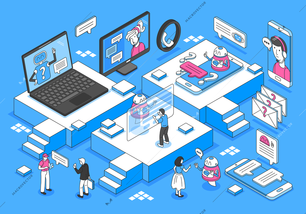 Chatbot isometric concept with communication and feedback symbols vector illustration