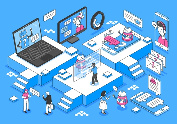 Chatbot isometric concept with communication and feedback symbols vector illustration