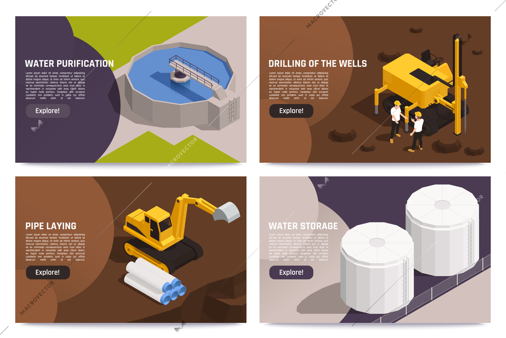 Water supply concept 4 isometric compositions with purification treatment storage facilities wells drilling pipe laying vector illustration